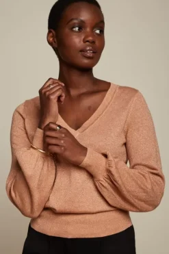 King Louie Truien<V Neck Bell Sleeve Top Lapis Dusty Coral